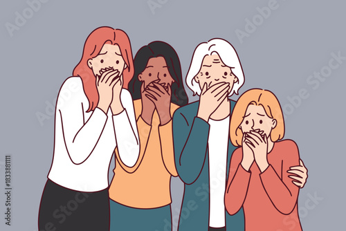 Women of different ages and races stand with hands over mouths. Concept of silenced females, gender inequality and lack of freedom of speech in society.