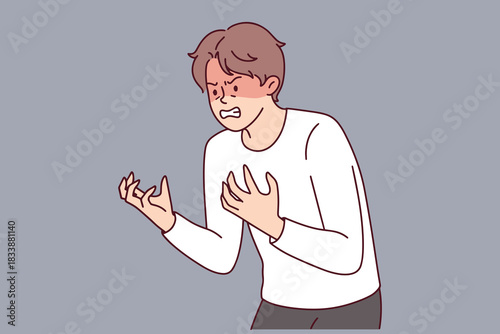 Angry male character expresses strong negative emotions and frustration. Concept of nervous breakdown, conflict argument and mental health problems.