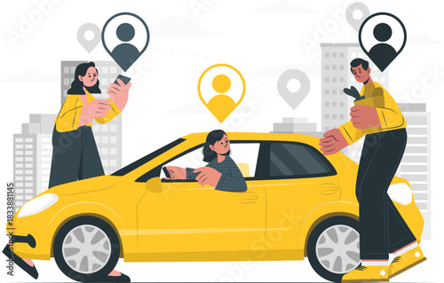 People using smartphones for ride-sharing with a yellow car transportation technology