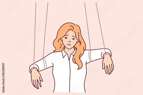 Female character suspended on ropes represents lack of will. Concept of manipulation, toxic relationship and psychological dependency where person is a toy.