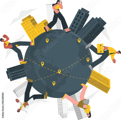 People walking around globe with city buildings world earth