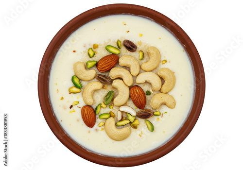 Rice pudding with nuts and pistachios isolated on transparent background