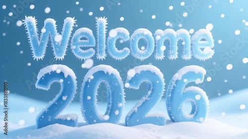 Inviting icy 'Welcome 2026' text dusted with snow in a frosty winter scene