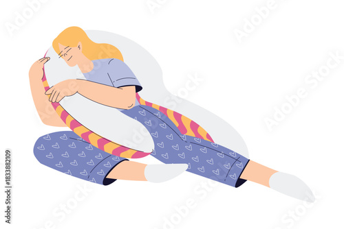 Woman Sleep Embracing Soft Pillow Have Sweet Dreams Vector Illustration