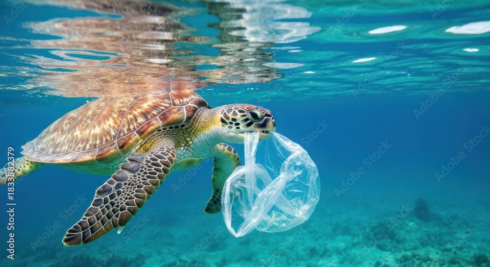 Naklejka premium Turtle swims in ocean, carrying a plastic bag in its mouth