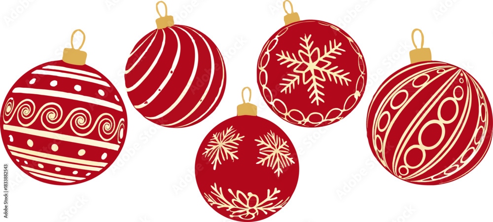Naklejka premium Red Christmas sphere collection, patterned ornaments, shiny vector design, festive season decoration, premium quality, polished, clean, modern look.