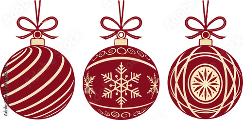 Beautiful red Xmas balls vector set, shiny patterns, smooth elegant design, premium festive décor elements, high-quality, modern and visually appealing.