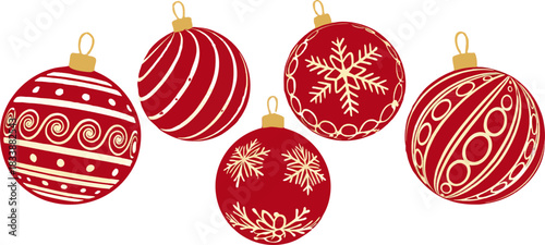 Red Christmas sphere collection, patterned ornaments, shiny vector design, festive season decoration, premium quality, polished, clean, modern look.