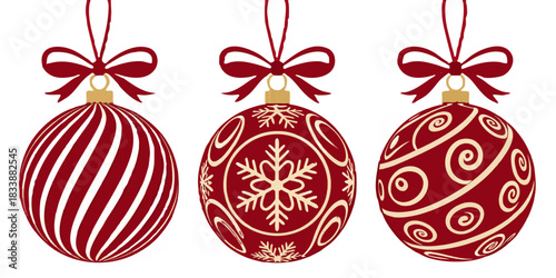 Red Christmas ball ornaments set, glossy finish, elegant decorative patterns, high-resolution vector design, festive holiday elements, polished, clean and professional.