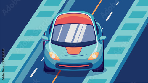 Colorful top-down illustration of a modern car driving on a highway with blue and orange tones
