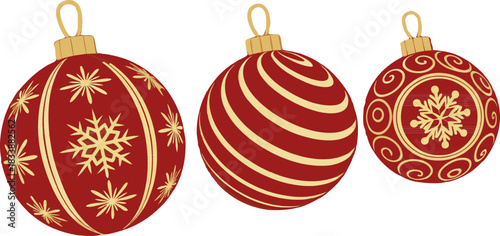 Stylish red Christmas ball set, patterned glossy ornaments, premium vector illustration, festive décor elements, polished, clean and professional.