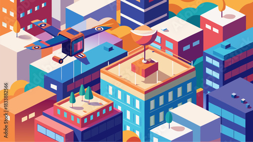 Colorful isometric cityscape with a drone flying over buildings, rooftop trees, and a large satellite dish on top of a modern urban structure