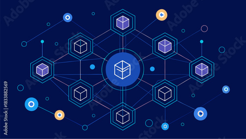 Abstract illustration of blockchain network with connected hexagonal nodes and cube symbols representing data blocks on dark blue background