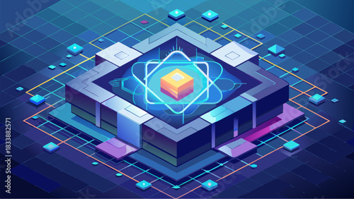 Futuristic illustration of a quantum processor with glowing atomic symbol and digital connections on a grid background