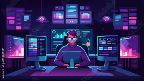 Person working at a futuristic computer setup with multiple screens displaying data, charts, and code in a dark neon-lit environment
