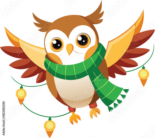 Cute brown owl bird cartoon character vector illustration with funny eyes and beak on a tree