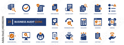 business audit icon set. Solid style, vector illustration