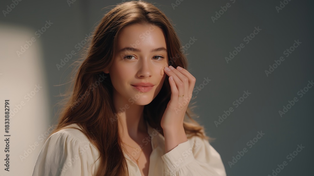 Fototapeta premium A beauty influencer demonstrating how to cover a blemish using color-correcting concealer, blending techniques visible on a 4K camera — makeup tips, blemish concealment, and beauty education