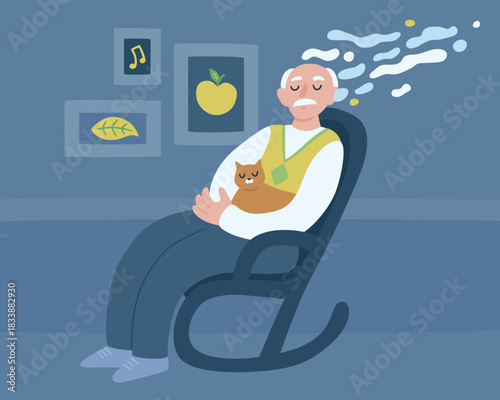 Elderly man, grandfather sitting in arm chair, holding cat, losing his memory. Old man, dementia, Alzheimer mental health concept, forgetting information. Flat vector illustration