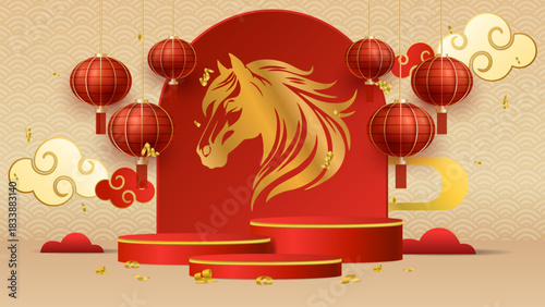chinese new year red and gold podium