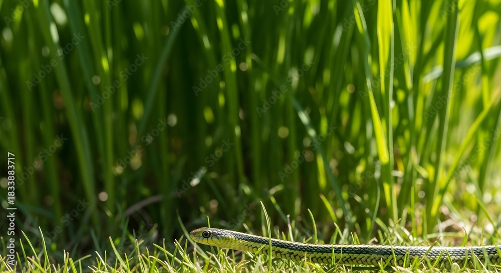 Obraz premium Garter snake resting on green foliage, close up view