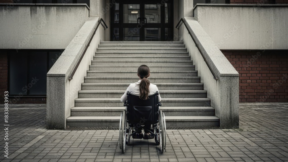 Fototapeta premium Woman in wheelchair facing long concrete stairs, showing accessibility barrier and disability challenge. Urban architectural design.