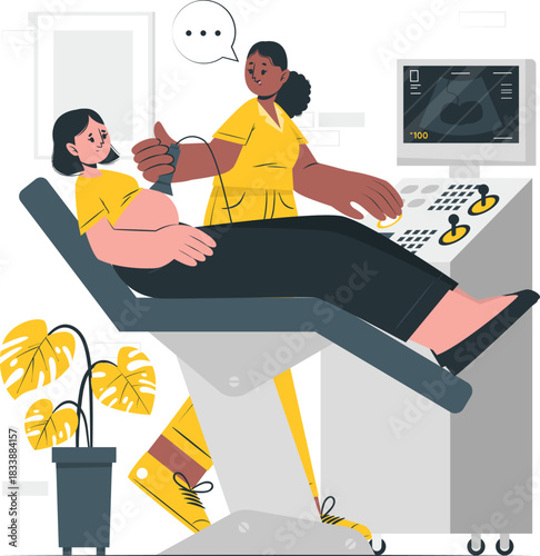 Pregnant Woman Undergoing Ultrasound Scan with Doctor vector illustration
