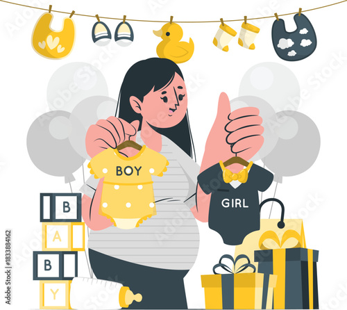 Pregnant woman at a baby shower with clothing and gifts expecting mother