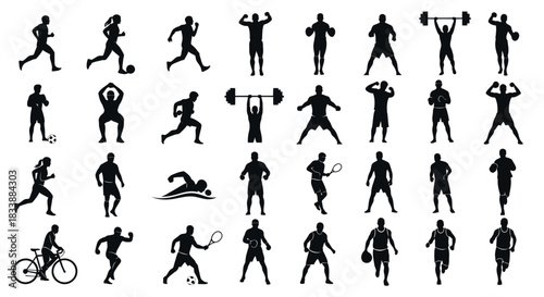 Silhouette collection of athletes engaging in various sports activities, including running, swimming, weightlifting, and tennis.