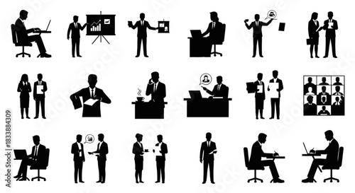 Silhouette illustrations of business people in various activities like presenting, working on laptops, and communicating.