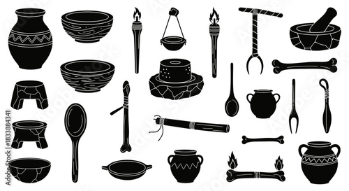 Ancient tribal kitchenware and tools used in primitive history