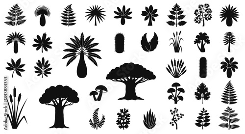 Set of black silhouettes of trees, plants, and leaves on a white background