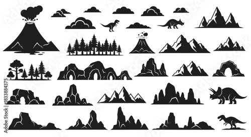 Set of black silhouettes of mountains, volcanoes, and dinosaurs
