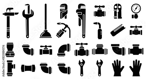Set of plumbing tools and accessories in black silhouette icons