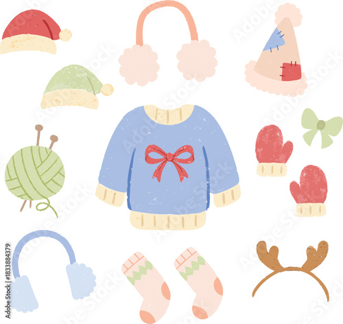 Winter fashion. christmas clothes and outerwear collection set. Vector hand drawn