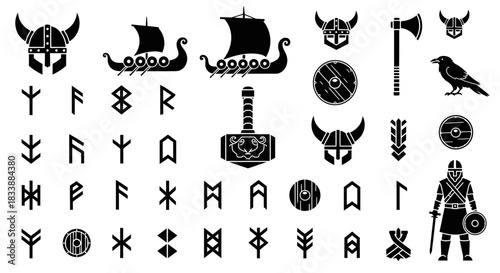 Collection of Viking-themed illustrations featuring ships, weapons, and symbols.
