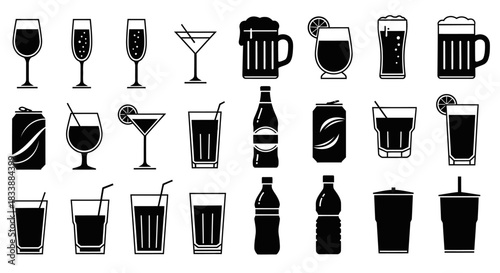 Collection of various alcoholic and non-alcoholic beverage illustrations in black and white.