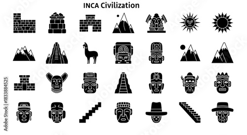 Collection of black and white icons representing Inca civilization elements.