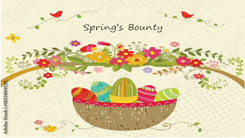 A charming illustration of a woven basket overflowing with colorful decorated easter eggs nestled beneath a blooming spring branch adorned with flowers and two tiny red birds