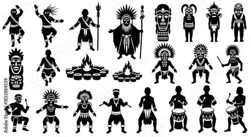 Silhouetted figures depicting tribal people, dancing, drumming, and performing rituals around a fire.