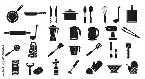 A collection of various kitchen utensils and appliances in black silhouette against a white background.