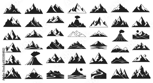 Collection of various mountain silhouettes, including volcano eruptions, in black and white.