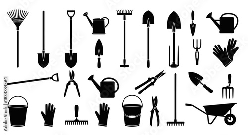 A collection of various gardening tools depicted as black silhouettes against a white background.