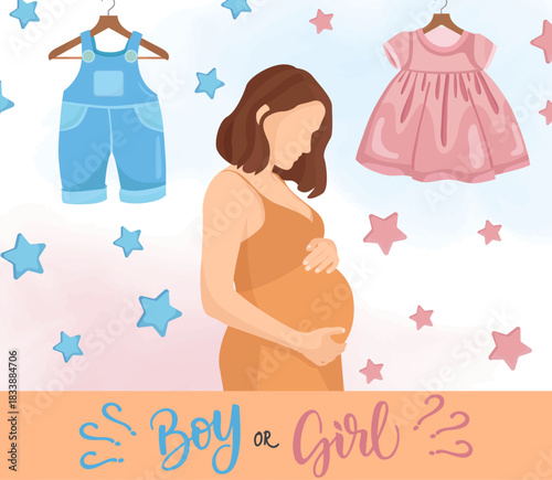 Boy or girl gender reveal party pregnant woman pink dress and blue coverall on hanger kid's illustration