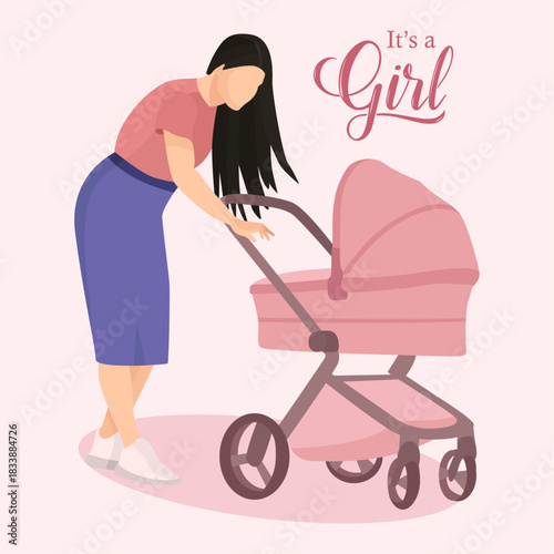 It's a girl card mom with pink baby stroller greeting card for baby shower or gender reveal
