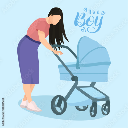 It's a boy card mom with blue baby stroller greeting card for baby shower or gender reveal