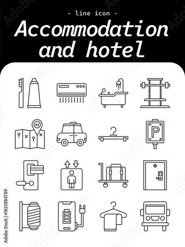Accommodation and Hotel thin line icon set. Rooms, reception, amenities, travel stay, booking, and hospitality outline icon collection.