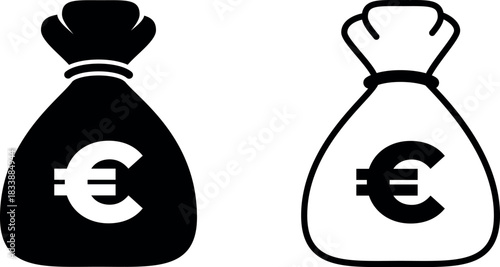 Dark silhouette of a money bag with a white euro symbol on a plain white background