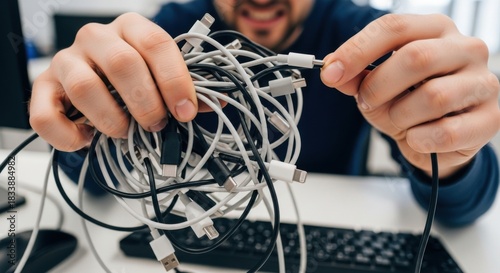 Man holding a tangled mess of various computer cables and wires.
