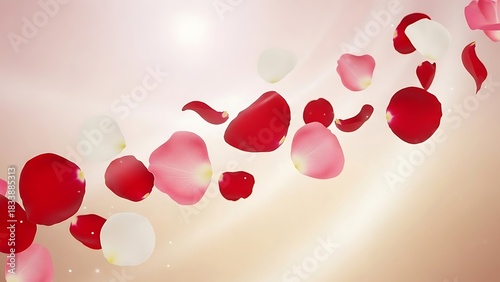 Delicate red and pink rose petals gently floating and falling in a soft bokeh background